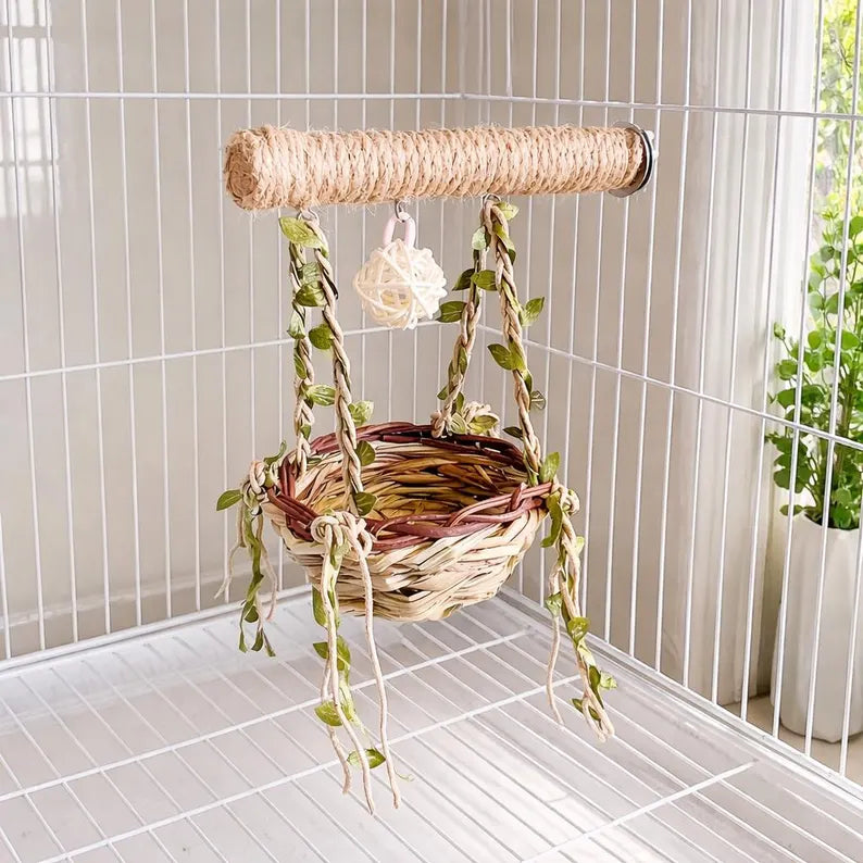 Nature Inspired Woven Basket Swing with Wrapped Standing Perch